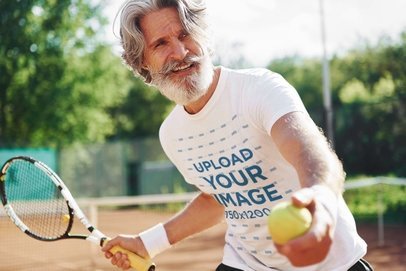 T-Shirt Mockup of an Athletic Senior Man Playing Tennis