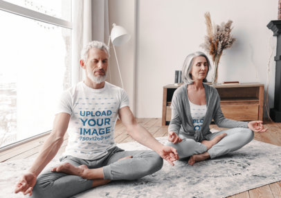 Tank Top and T-Shirt Mockup of an Elderly Couple Meditating at Home