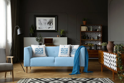 Mockup of Three Squared Pillows Placed on a Loveseat Couch