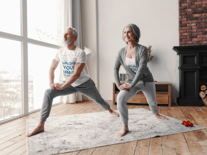 T-Shirt and Tank Top Mockup of a Happy Senior Couple Stretching at Home