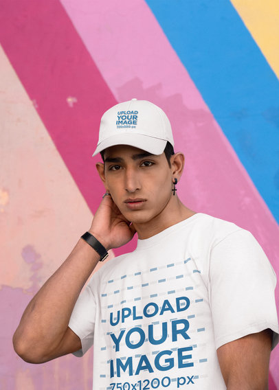 Mockup of a Young Man Wearing a Dad Hat and a Gildan T-Shirt m31906