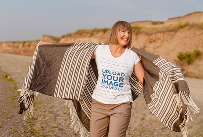 Heathered V-Neck T-Shirt Mockup of a Happy Senior Woman Posing by the Beach m28374 r-el2