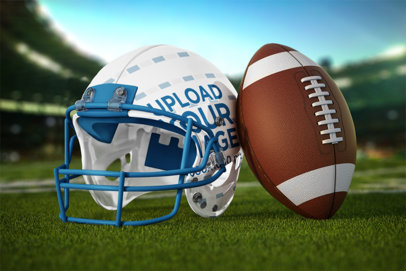 Mockup of a Football Helmet Placed Next to a Ball