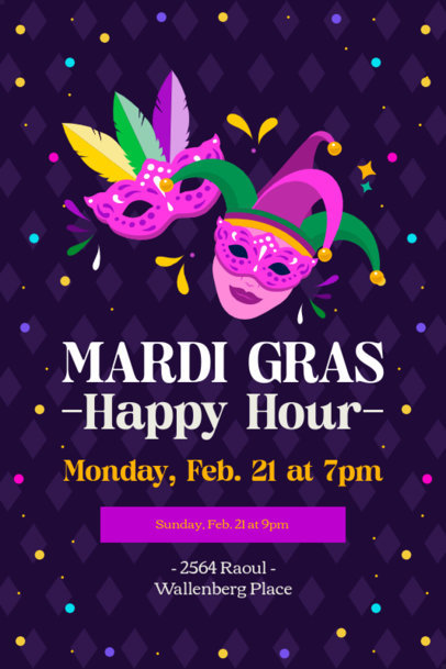 Colorful Invitation Design Creator for a Mardi Gras Happy Hour with Illustrated Masks 5347e