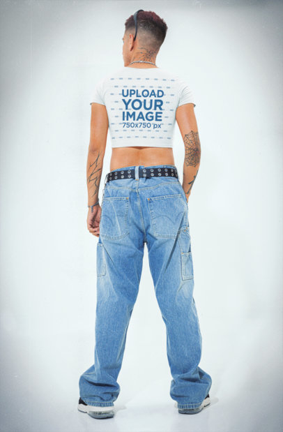 Back-View Crop Top Mockup Featuring a Tattooed Man in a Y2K-Inspired Outfit
