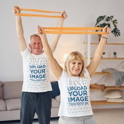 Round-Neck T-Shirt Mockup Featuring a Happy Senior Couple Doing Stretching Exercises 