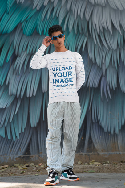 Long Sleeve Tee Mockup Featuring a Young Man in a Casual Outfit