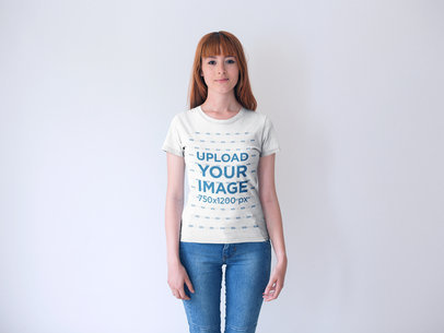 Mockup of a Woman Wearing a Tshirt Against a White Background