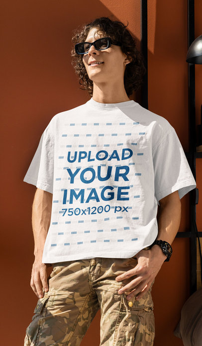 Round-Neck T-Shirt Mockup Featuring a Smiling Curly-Haired Man