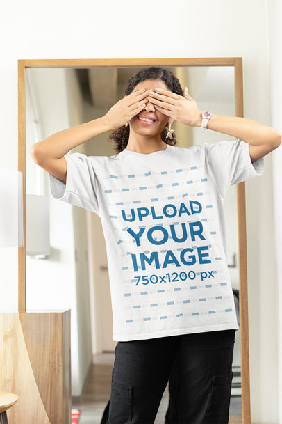 Gildan T-Shirt Mockup of a Curly-Haired Woman Covering Her Eyes