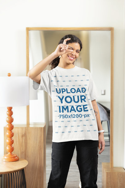 Gildan T-Shirt Mockup Featuring Woman Pretending to Take a Photo