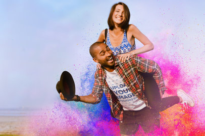Round-Neck T-Shirt Mockup of an Excited Man Celebrating Holi With a Woman