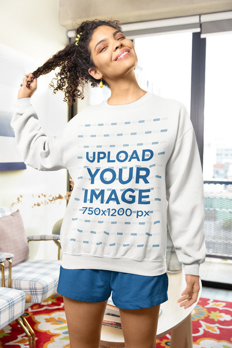 Gildan Sweatshirt Mockup Featuring a Woman with Curly Hair