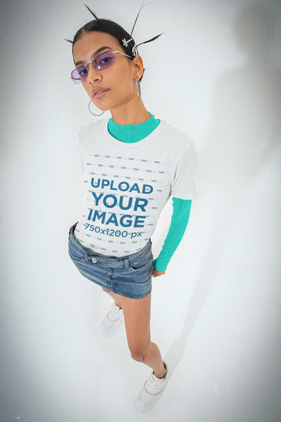 00s-Inspired Round-Neck Tee Mockup of a Woman with Tinted Sunglasses m31231