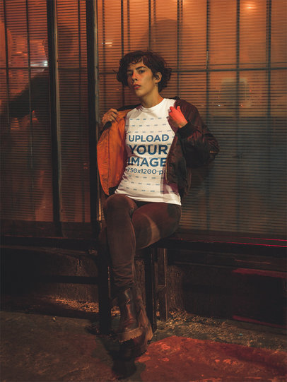 T-Shirt Mockup Featuring a Trendy Woman with Short Dark Hair at Night