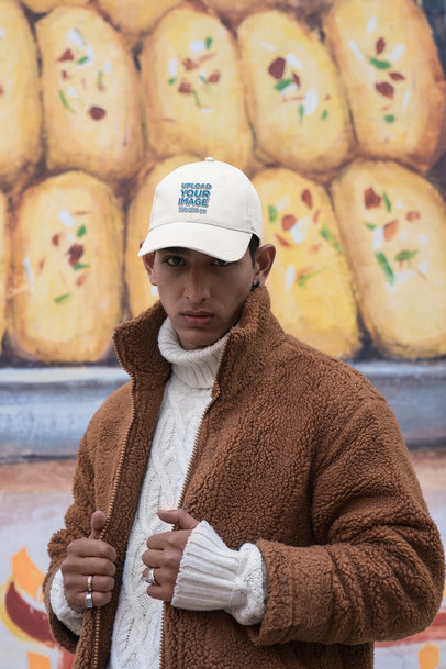 Dad Hat Mockup Featuring a Serious Man With a Big Coat
