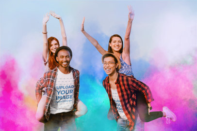 Holi-Themed Mockup of Two Happy Men Wearing Round-Neck T-Shirts