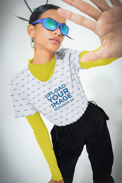 Jersey Mockup Featuring a Woman Posing in a Y2K-Aesthetic Outfit 