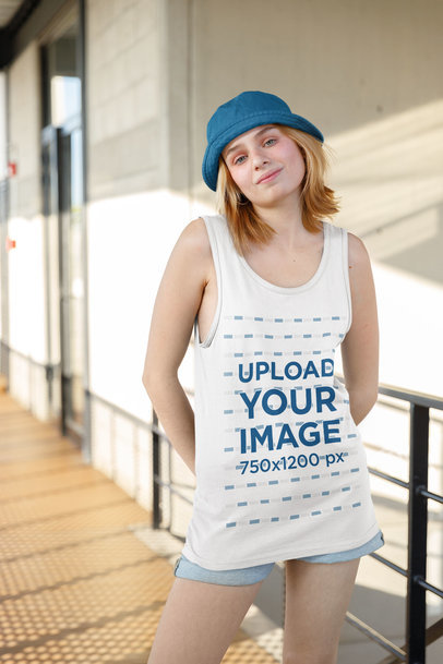 Mockup of a Woman with a Tender Look Wearing a Tank Top and a Hat
