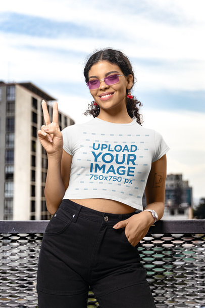 Gildan Crop Top Mockup of a Smiling Woman With Pink Sunglasses