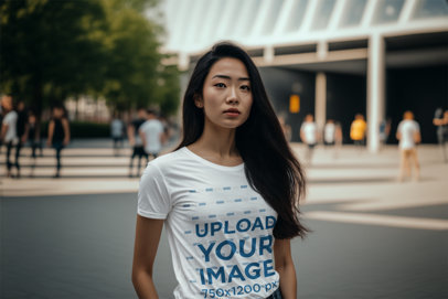 Round-Neck T-Shirt Mockup Featuring an AI-Generated Woman Posing With a Serious Look