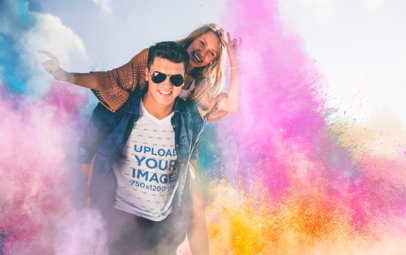 V-Neck  T-Shirt Mockup of a Happy Man With His Girlfriend at Holi Festival