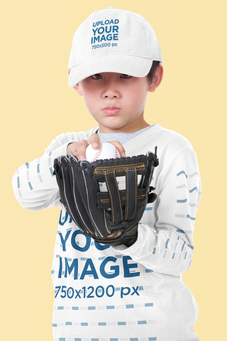 Dad Hat Mockup of a Kid Wearing a Baseball Glove and a T-Shirt with Customizable Sleeves