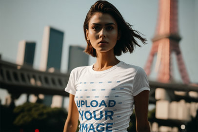 AI-Created Round-Neck Tee Mockup of a Woman Posing by the Eiffel Tower