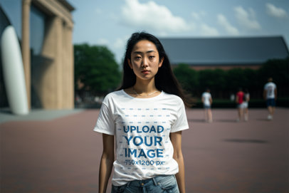 Round-Neck T-Shirt Mockup Featuring an AI-Generated Serious Woman Posing in Amsterdam