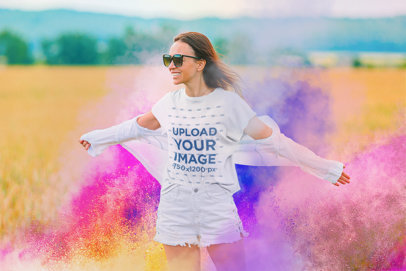 T-Shirt Mockup of a Happy Woman in a Holi Celebration