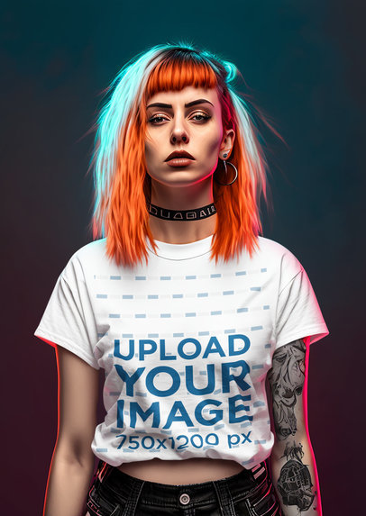Mockup of an AI-Created Woman with a Tattooed Arm Wearing a Round-Neck Tee