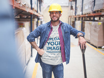 Warehouse Worker Having a Conversation Wearing a T-Shirt Mockup