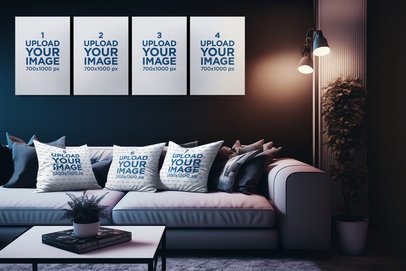Pillow Mockup of Four Art Prints Placed on an AI-Generated Living Room m32573