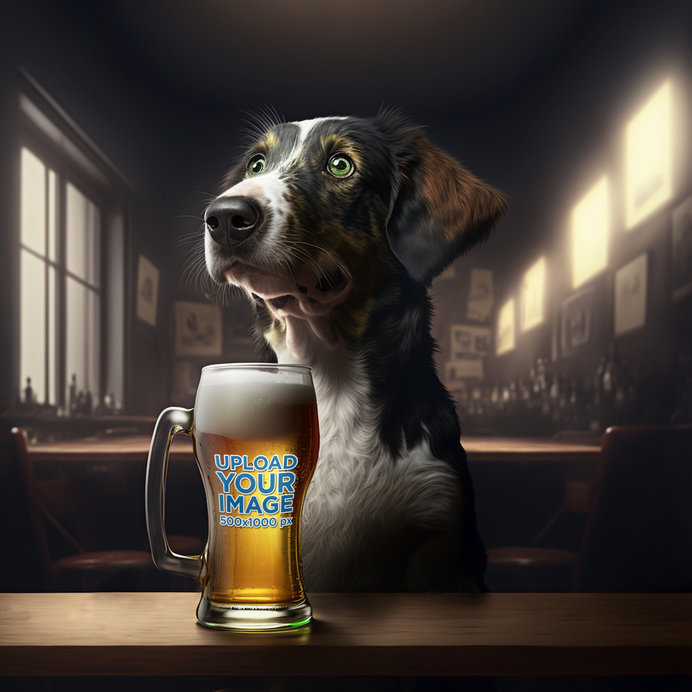 AI-Generated Beer Glass Mockup Featuring a Dog Sitting at a Bar