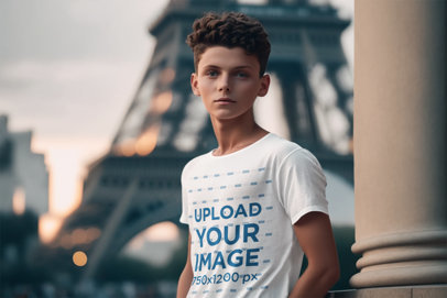 AI-Generated T-Shirt Mockup of a Young Man Posing in Front of the Eiffel Tower