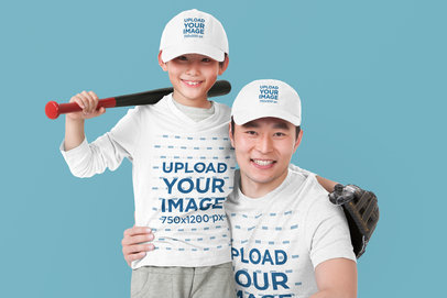 T-Shirt Mockup of a Father and His Son Wearing Matching Baseball Hats  m32100 r-el2