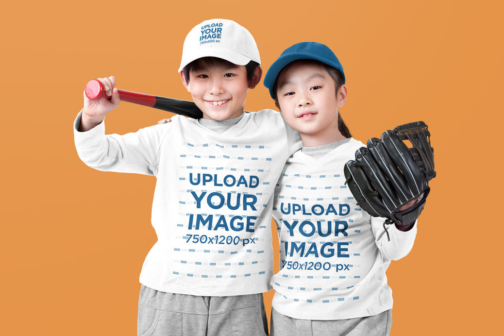 Dad Hat and T-Shirt Mockup Featuring Two Siblings with Baseball Equipment