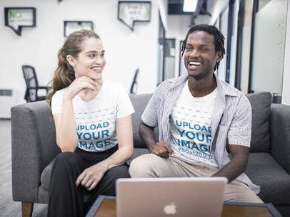 Interracial Group of Friends Wearing T-Shirts Mockup Having Fun at the Office