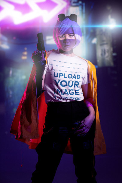 Futuristic Mockup Featuring a Cyberpunk Woman Wearing a Bella Canvas T-Shirt
