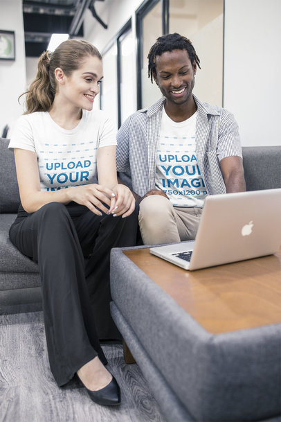 Interracial Group of Coworkers Wearing T-Shirts Mockup While Talking at the Office a20510