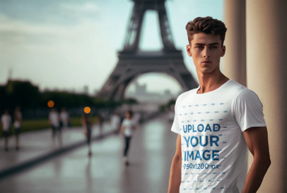 AI-Generated Mockup of a Man Wearing a Round-Neck T-Shirt While Posing in Paris