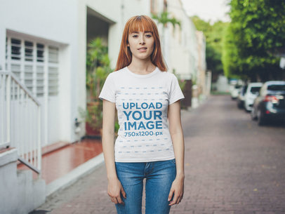 T-Shirt Mockup of a Woman Outside her House
