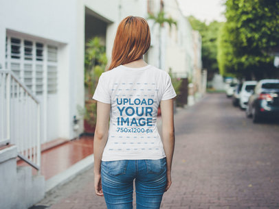 Back Shot Tshirt Mockup of a Woman Outside her House