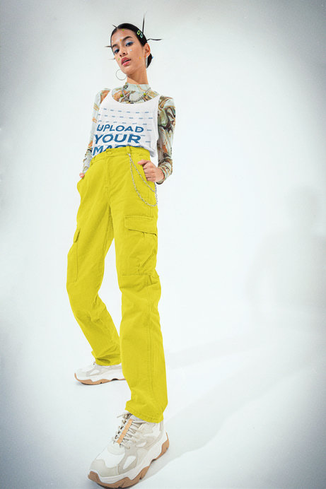 Mockup of a Woman in a 00s-Inspired Outfit Wearing a Bella Canvas Tank Top