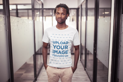 Man Wearing a T-Shirt Mockup at the Office