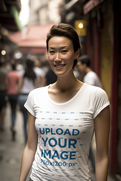 Round-Neck T-Shirt Mockup of an AI-Generated Woman Posing With a Smile in the Street