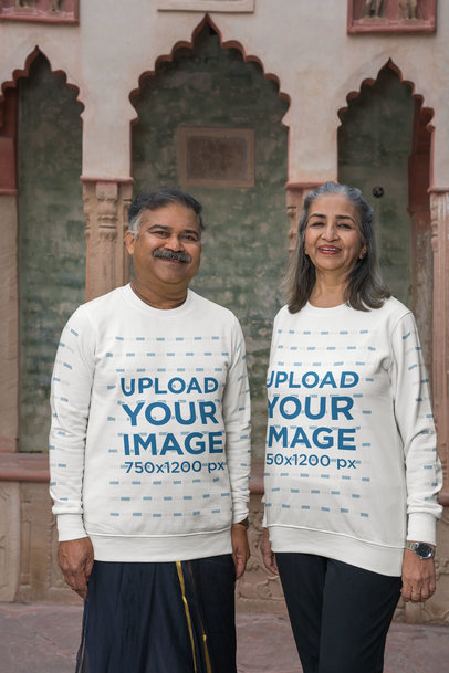 Round-Neck Sweatshirt Mockup of a Senior Couple Smiling at the Camera