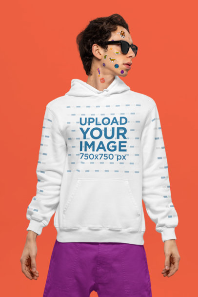 Pullover Hoodie Mockup Featuring a Cool Man With Skin Stickers on His Face
