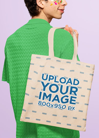Sublimated Tote Bag Mockup of a Smiling Man With Skin Stickers
