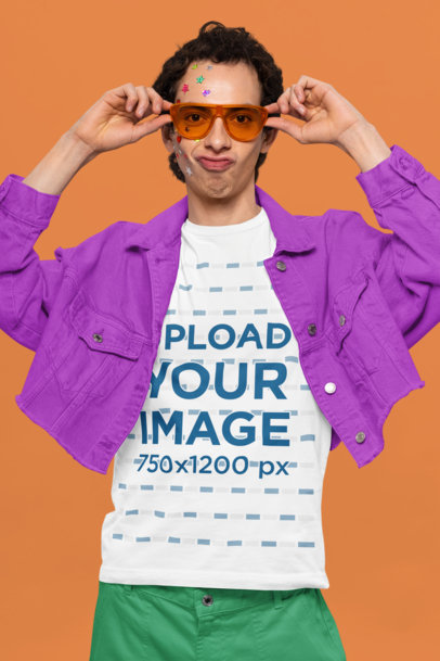 Bella Canvas T-Shirt Mockup Featuring a Man With Star Stickers and Sunglasses